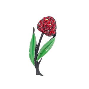 Vintage Signed JJ Cherry Red Rhinestone Tulip Brooch